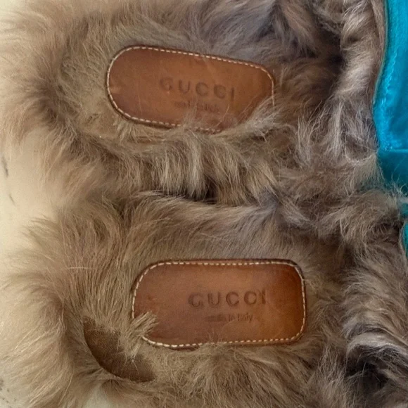 Gucci Princetown Fur Mules Color Teal Velvet Horsebit Slides Womens Size 36.5 - Picture 11 of 16